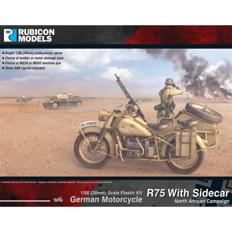 Rubicon Models® -Moto Allemande R75 avec sidecar (campagne Afrique du nord) 1:56 (28 mm) référence 280052