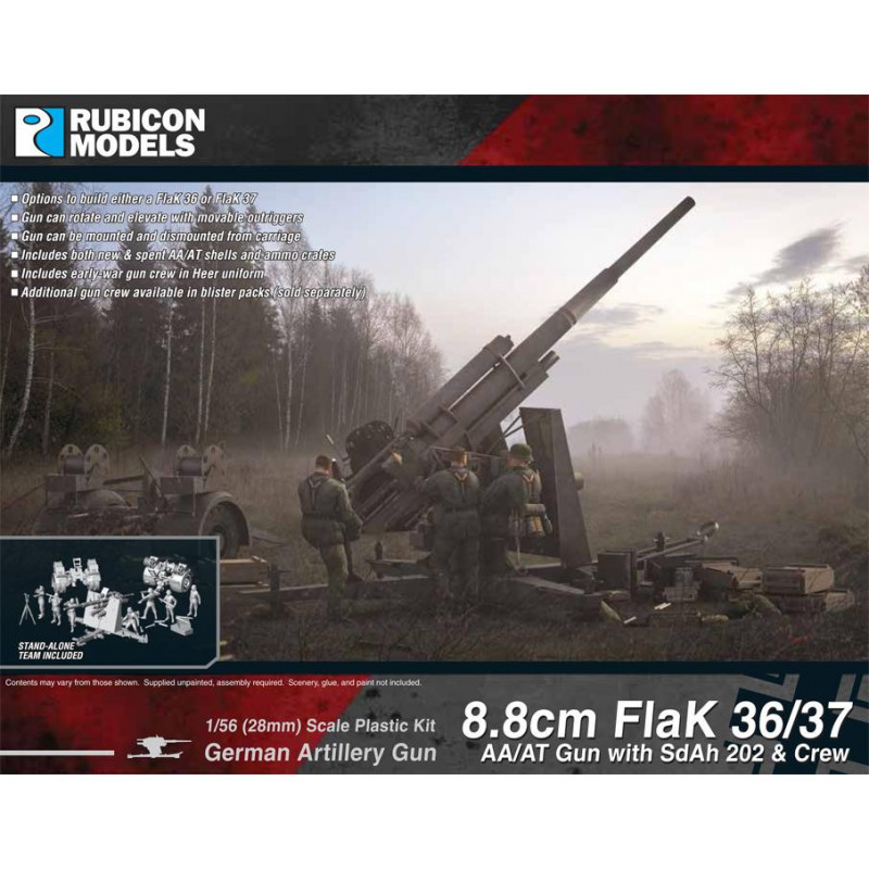 Rubicon Models® maquette 8.8cm Flak 36/37 AA/AT canon + Sdah 202 et servants 1:56 référence 280069