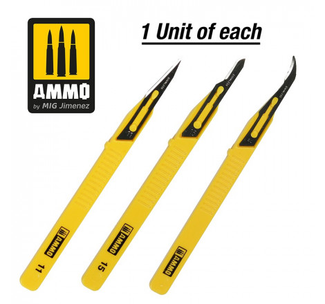 Ammo® Jeu de 3 cutters jetables à lames droites (11P), courbes (15) et à crochet (SC) référence A.MIG-8691