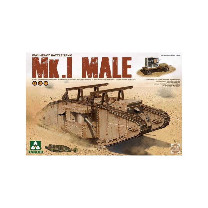 Takom® Maquette militaire de tank MK.I MALE + Sponson Crane & Trailer 1:35 référence 2031