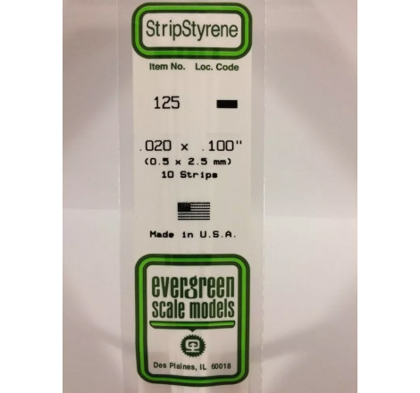 Evergreen® Profilé plastique n°125 baguette rectangulaire dimensions 360 x 0,5 x 2,5 mm (x10)