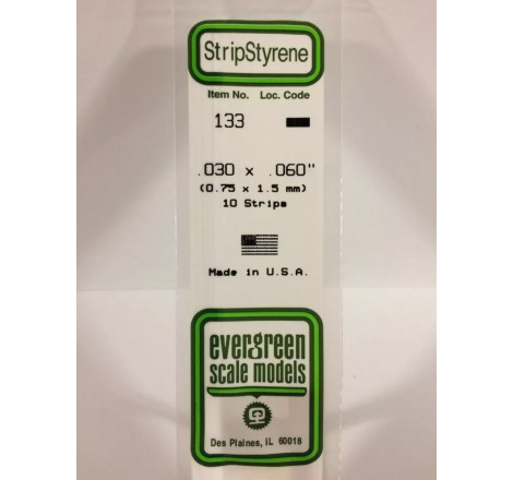 Evergreen® Profilé plastique n°133 baguette rectangulaire dimensions 360 x 0,75 x 1,5 mm (x10)