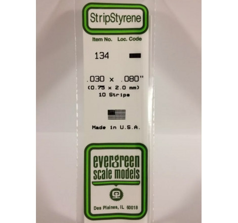 Evergreen® Profilé plastique n°134 baguette rectangulaire dimensions 360 x 0,75 x 2,0 mm (x10)