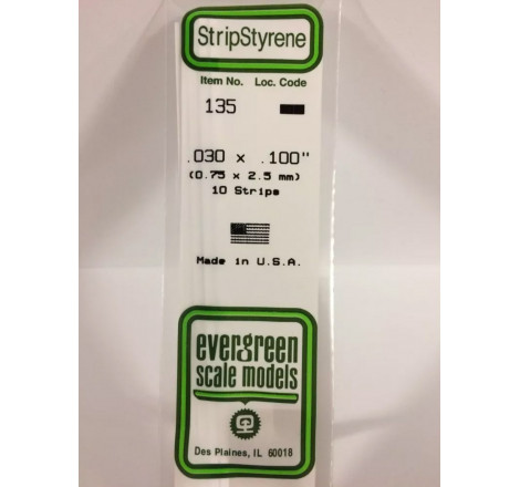 Evergreen® Profilé plastique n°135 baguette rectangulaire dimensions 360 x 0,75 x 2,5 mm (x10)