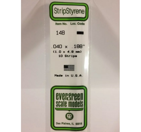 Evergreen® Profilé plastique n°148 baguette rectangulaire dimensions 360 x 1,0 x 4,8 mm (x10)