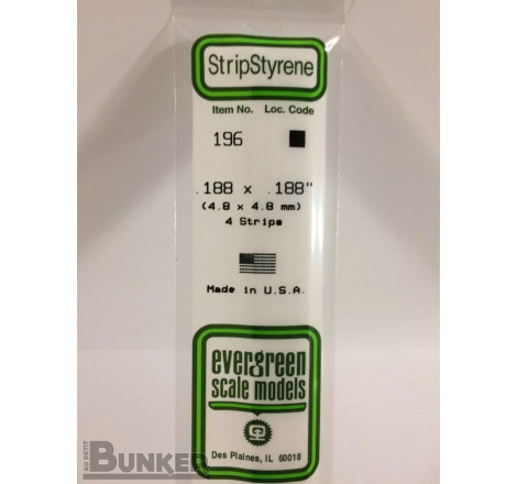 Evergreen® Profilé plastique n°196 baguette carré dimensions 360 x 4,8 x 4,8 mm (x4)