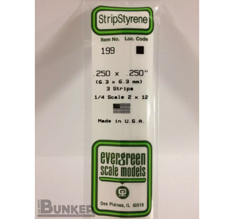 Evergreen® Profilé plastique n°196 baguette carré dimensions 360 x 6,3 x 6,3 mm (x3)