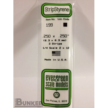 Evergreen® Profilé plastique n°196 baguette carré dimensions 360 x 6,3 x 6,3 mm (x3)