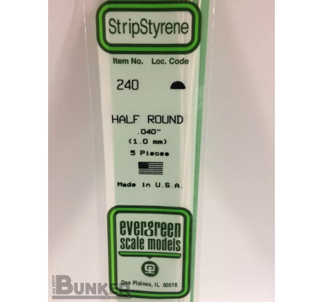 Evergreen® Profilé plastique n°240 baguette demi-rond dimensions 360 x 1,0 mm (x5)