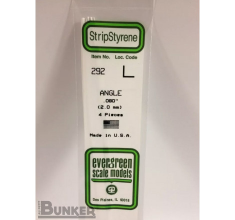 Evergreen® Profilé plastique n°292 baguette profilée en L (angle) dimensions 360 x 2,0 mm (x4)