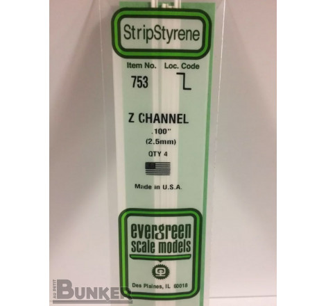 Evergreen® Profilé plastique n°753 baguette profilée en Z dimensions 360 x 1,27 x 2,5 mm (x4)