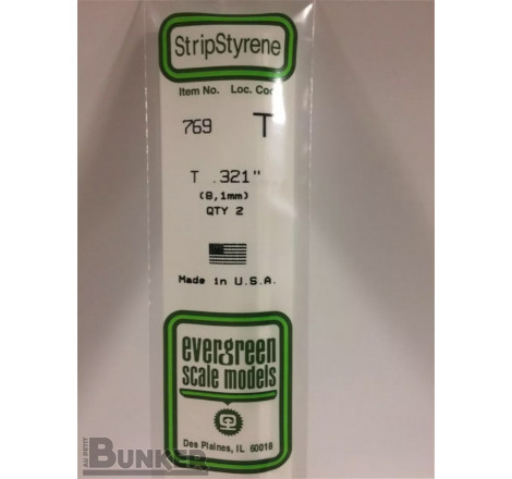 Evergreen® Profilé plastique n°769 baguette profilée en T dimensions 360 x 8,1 x 8,1 mm (x2)