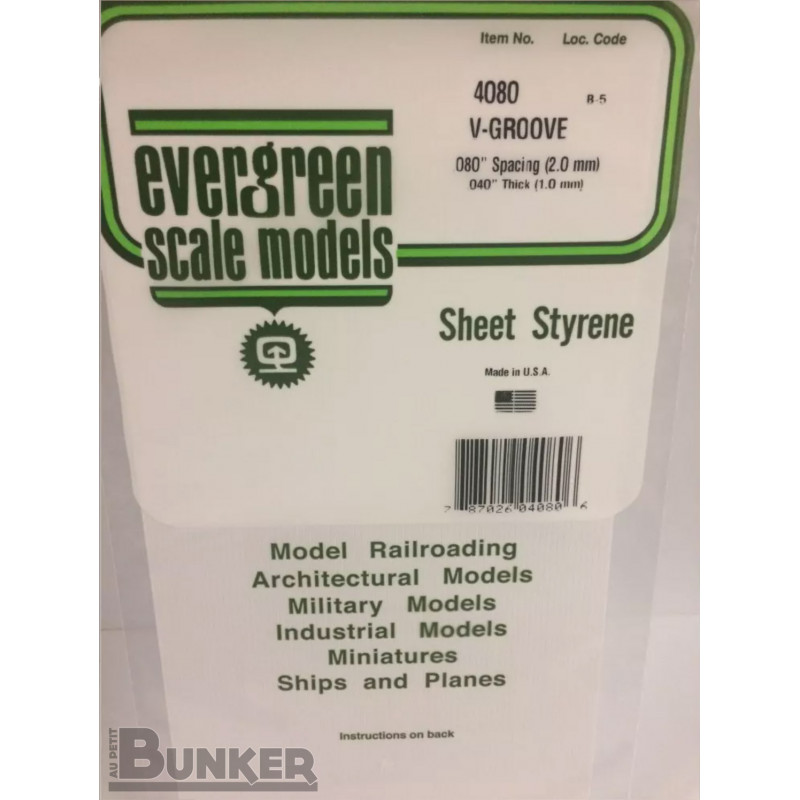 Evergreen® Profilé plastique n°4080 plaque rainurée en V 1.0 x 2.0 x 150 x 300 mm