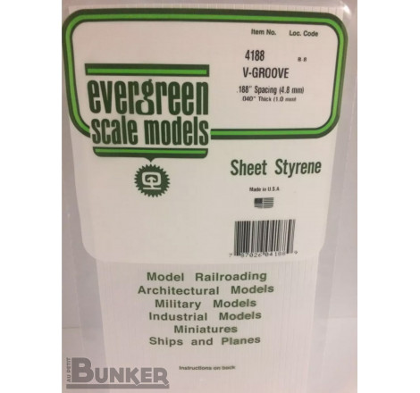 Evergreen® Profilé plastique n°4188 plaque rainurée en V 1.0 x 4.8 x 150 x 300 mm