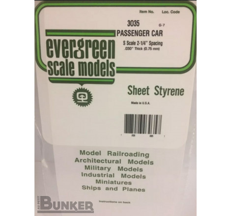 Evergreen® Profilé plastique n°3035 plaque rainurée V "passenger car" 0.75 x 0.89 x 150 x 300 mm échelle S