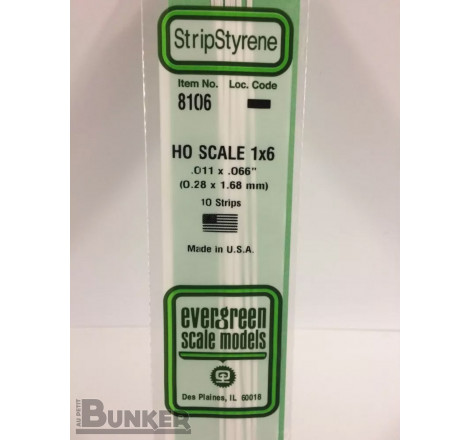 Evergreen® Profilé plastique n°8106 baguette rectangulaire échelle H0 dimensions 355 x 0,28 x 1,68 mm (x10)