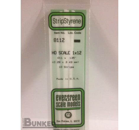 Evergreen® Profilé plastique n°8112 baguette rectangulaire échelle H0 dimensions 355 x 0,28 x 3,43 mm (x10)