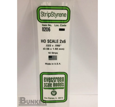 Evergreen® Profilé plastique n°8206 baguette rectangulaire échelle H0 dimensions 355 x 0,56 x 1,68 mm (x10)