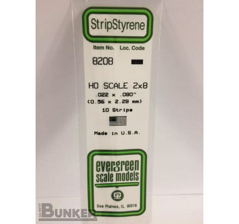 Evergreen® Profilé plastique n°8208 baguette rectangulaire échelle H0 dimensions 355 x 0,56 x 2,29 mm (x10)