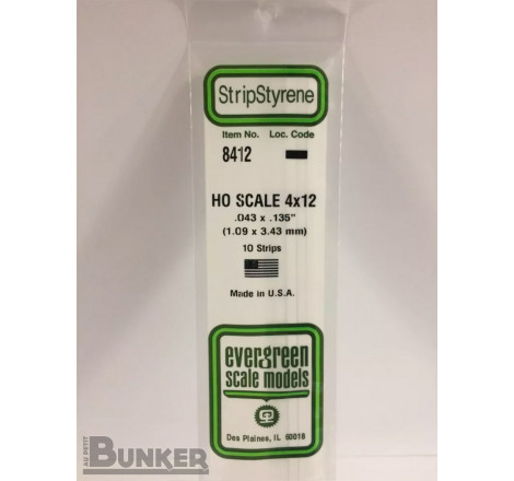 Evergreen® Profilé plastique n°8412 baguette rectangulaire échelle H0 dimensions 355 x 1,09 x 3,43 mm (x10)