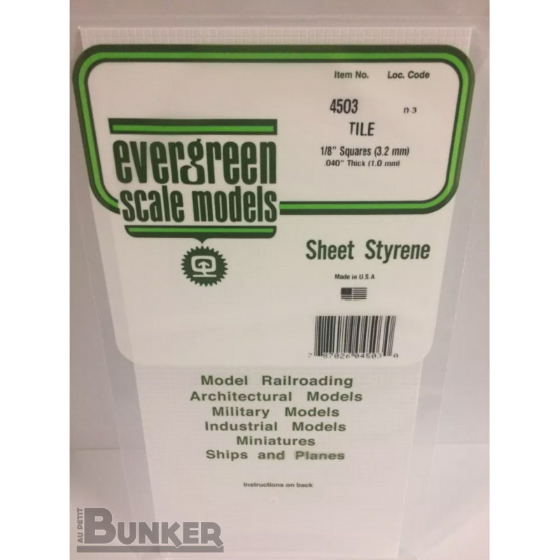 Evergreen® Profilé plastique n°4503 plaque quadrillée 1.0 x 3.2 x 152 x 304 mm