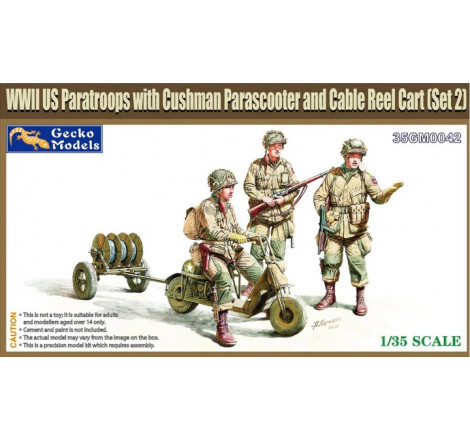 Gecko Models® Set de figurines parachutistes américains WW2 avec Scooter (Cushman) et remorque dérouleur câble (set 2) 1:35