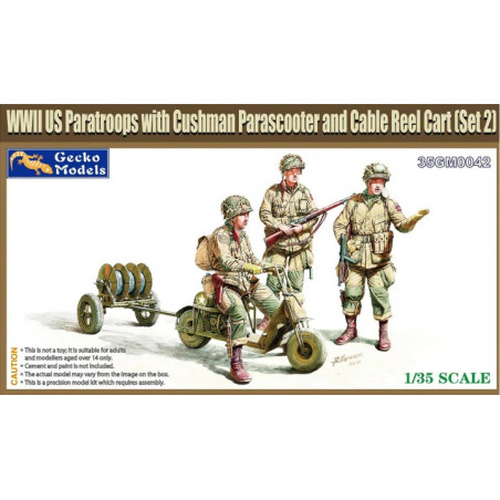 Gecko Models® Set de figurines parachutistes américains WW2 avec Scooter (Cushman) et remorque dérouleur câble (set 2) 1:35
