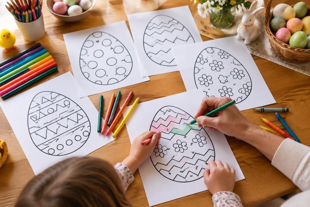 téléchargez des modèles gratuits d’œufs de pâques à colorier, parfaits pour les enfants en maternelle et des activités créatives en famille.